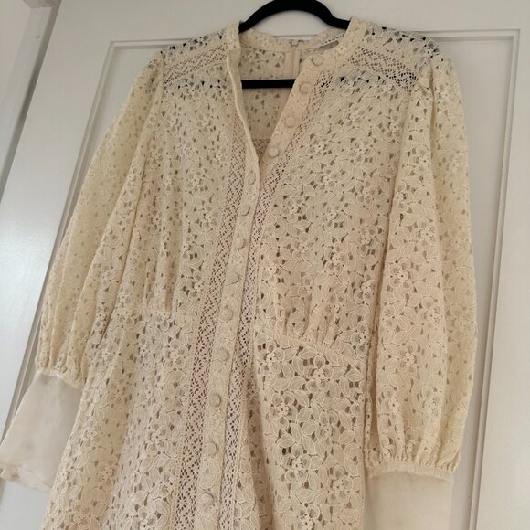 Veronica Beard Lace Mini Dress Sz 4 In Stone Khaki Button Down Ruffle Skirt - Picture 5 of 11